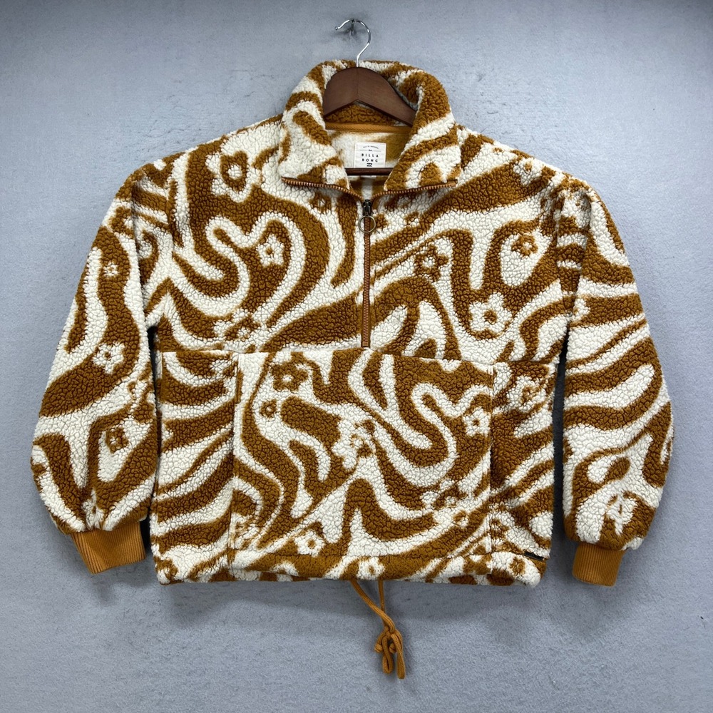 Billabong Sherpa Fleece Pullover Womens S Brown Boundary Mock Neck Abstract Cozy